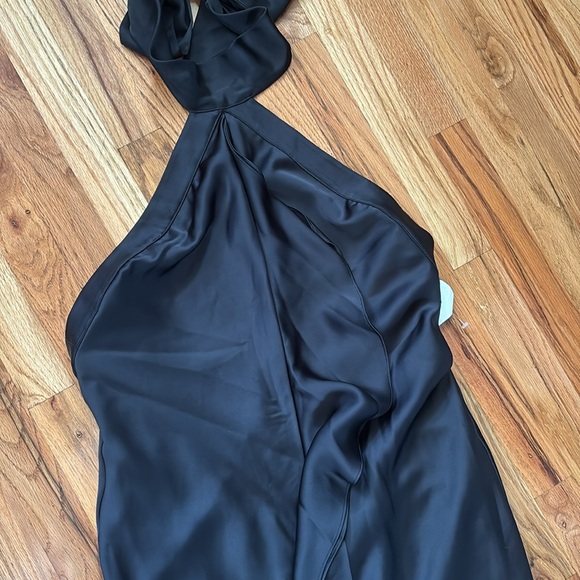 Ramy Brook Tera Ruffled Halter Gown Ruffle Satin Low Back Tie Black 14 High Neck - Picture 9 of 13